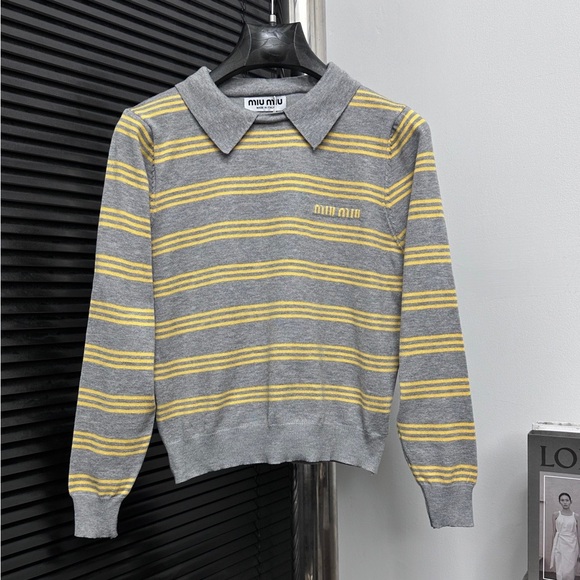 Miu Miu Yellow and Gray Striped Knit Top - Picture 1 of 9